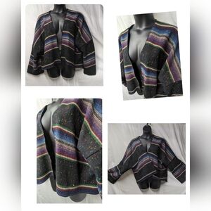 Chico's wool nylon black purple blue multi stripe sweater cardigan topper jacket
